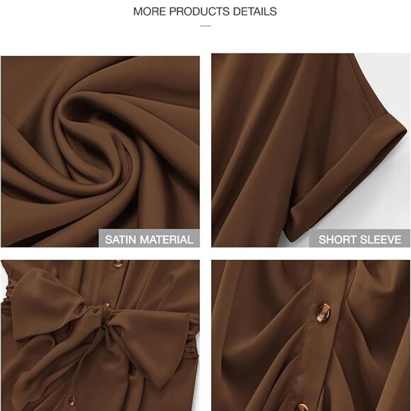 NWT Ruched Shirt Dress Satin Short Sleeve (Large- Brown) - Picture 4 of 5